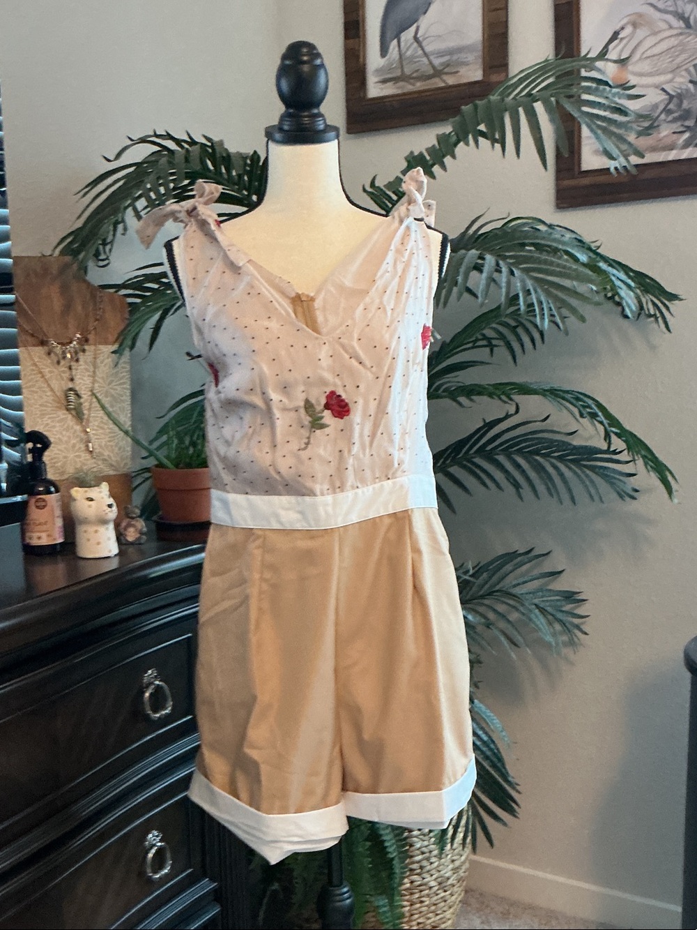 Sleeveless Tie-Shoulder Embroidered Romper in Beige & White